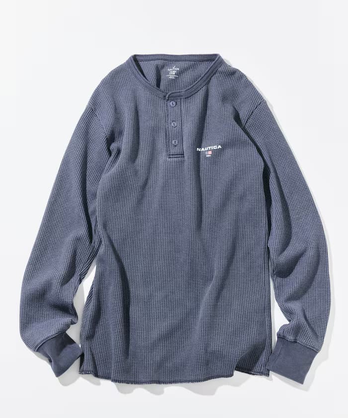 NAUTICA Essential 貼身版型 長袖 亨利領 格紋 水洗效果T恤