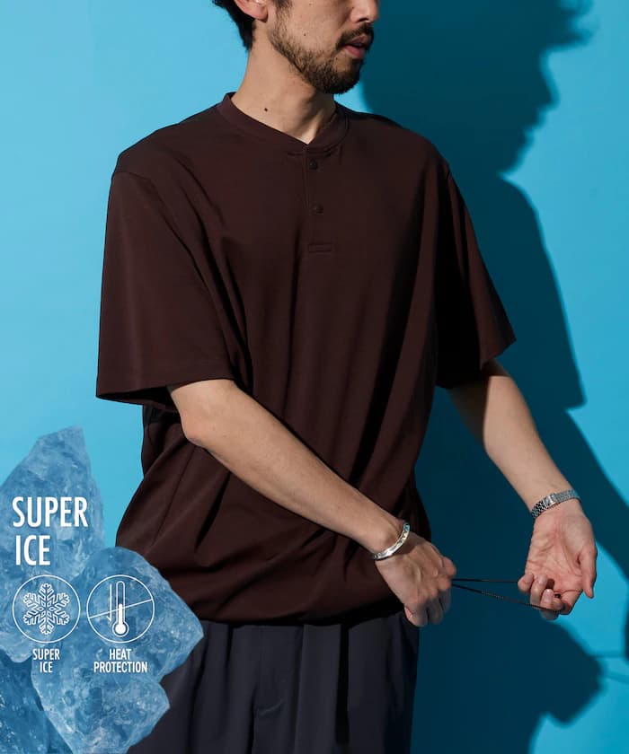 SUPER ICE 亨利領 接觸涼感 吸濕排汗 抗UV 短袖T恤