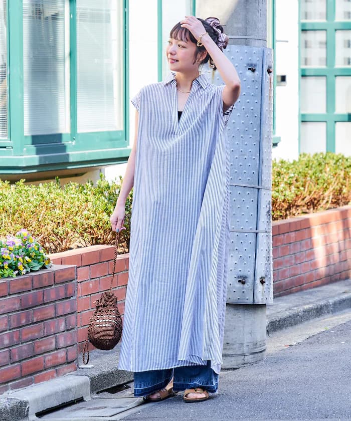 印度風 襯衫領 船領連身裙＜贈細肩帶連身裙內搭＞