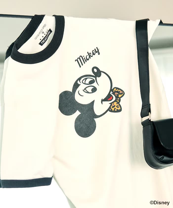 MICKEY MOUSE 聯名限定 豹紋Logo 滾邊短袖T恤