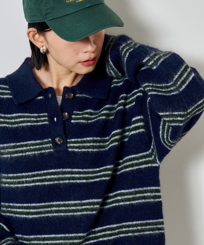 蓬鬆橫條紋針織Polo衫
