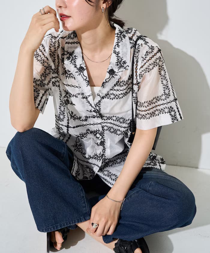拼布刺繡短袖鈕扣襯衫【限定款】