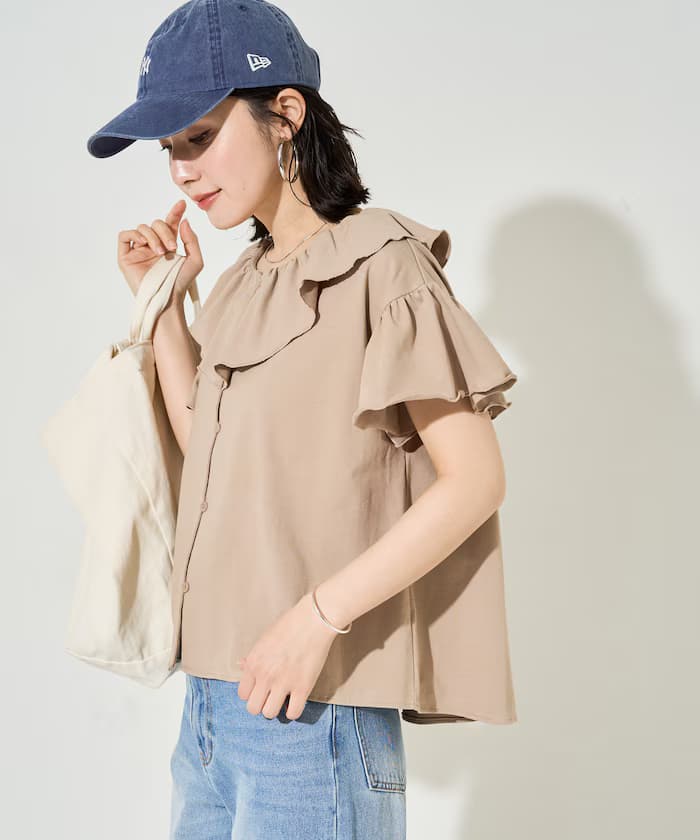 涼感 荷葉邊領口 袖喇叭 鈕扣 上衣【限定款】