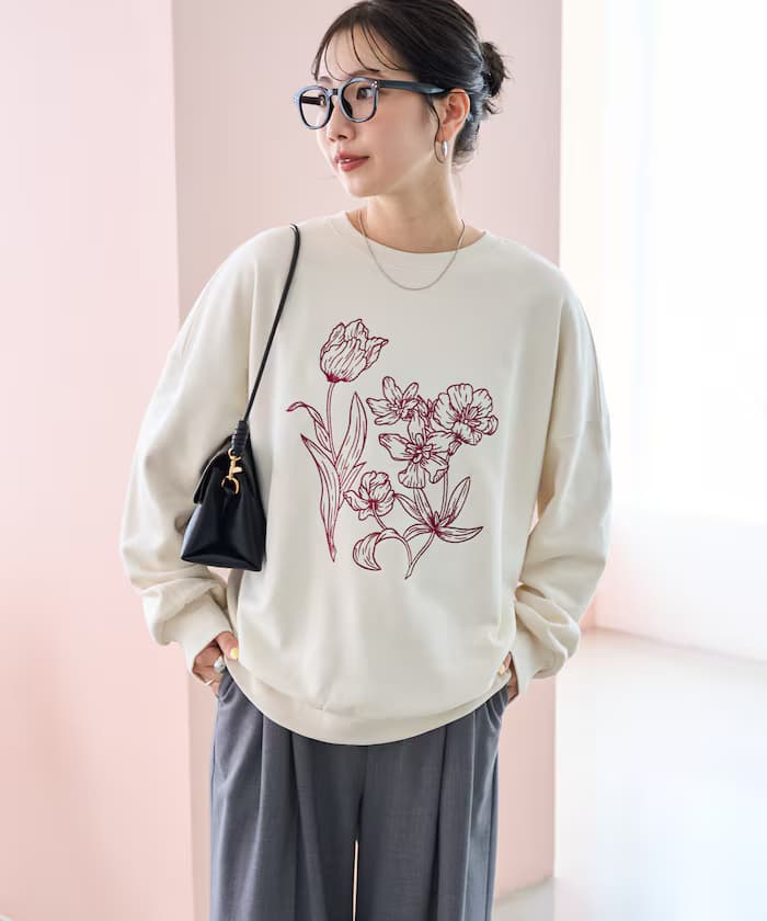 線畫花朵刺繡 衛衣套頭衫【限定款】