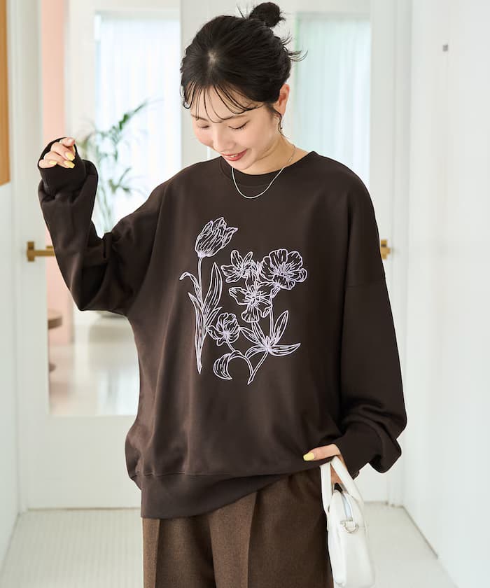 線畫花朵刺繡 衛衣套頭衫【限定款】