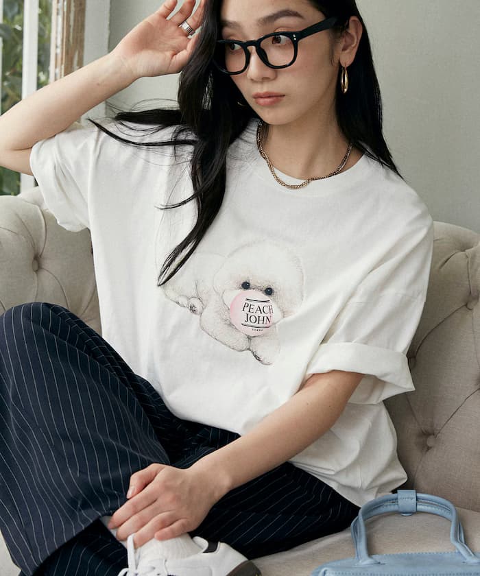 【4月10日10時發售】PEACH JOHN 聯名限定 澎袖 Logo 狗狗 T恤
