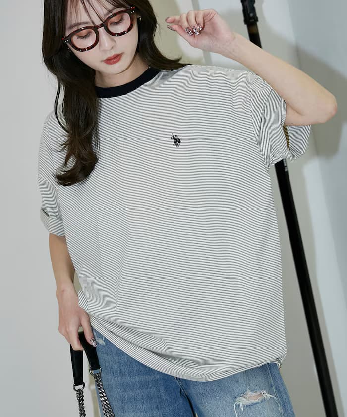 U.S. POLO USSN. × PUBLUX 聯名限定 涼感 吸濕排汗 小標誌 刺繡 橫條紋 T恤【限定款】