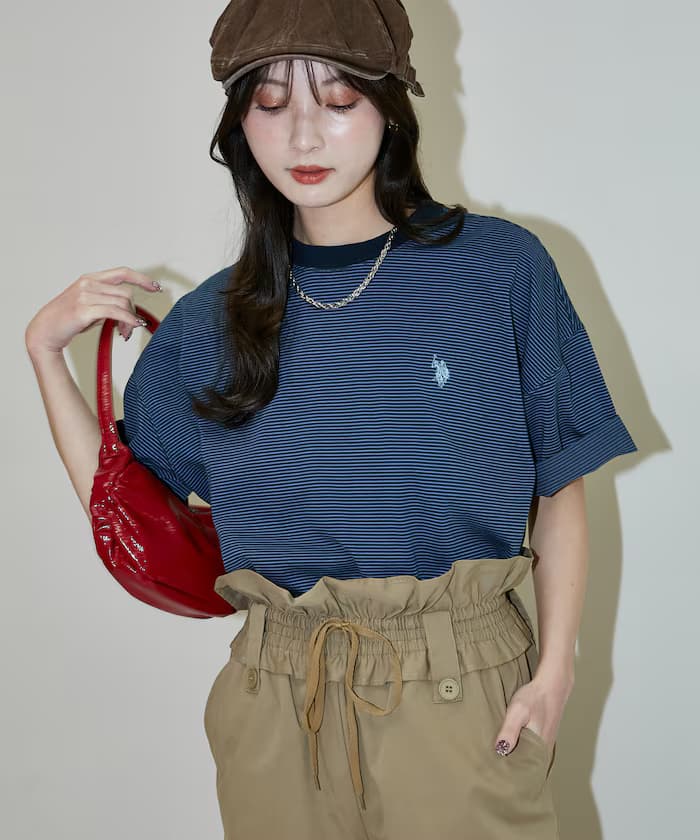 U.S. POLO USSN. × PUBLUX 聯名限定 涼感 吸濕排汗 小標誌 刺繡 橫條紋 T恤【限定款】