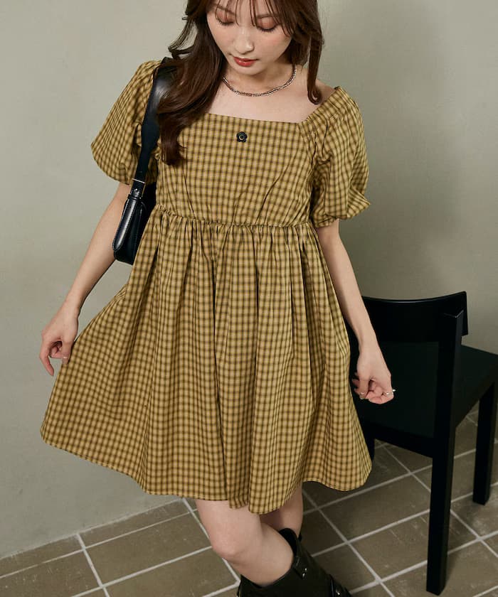 MARY QUANT 聯名限定 澎澎袖 背面抓皺 迷你連身裙【限定款】