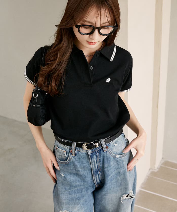 MARY QUANT 聯名限定 珠地網眼 小標誌 線條 Polo衫【限定款】
