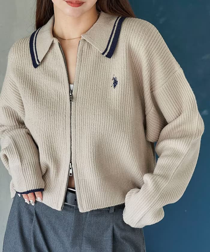 U.S. POLO ASSN. 聯名限定 襯衫領配色線條 短版針織外套【限定款】
