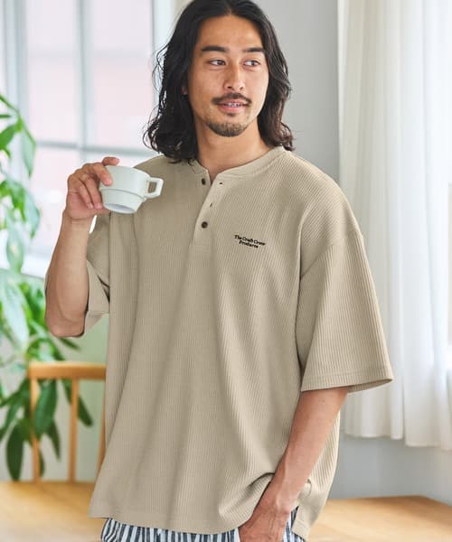 THE CRAFT CREW PRODUCTS 機能性面料 LOGO刺繡 寬版亨利領 華夫格 短袖T恤 / 抗菌防臭