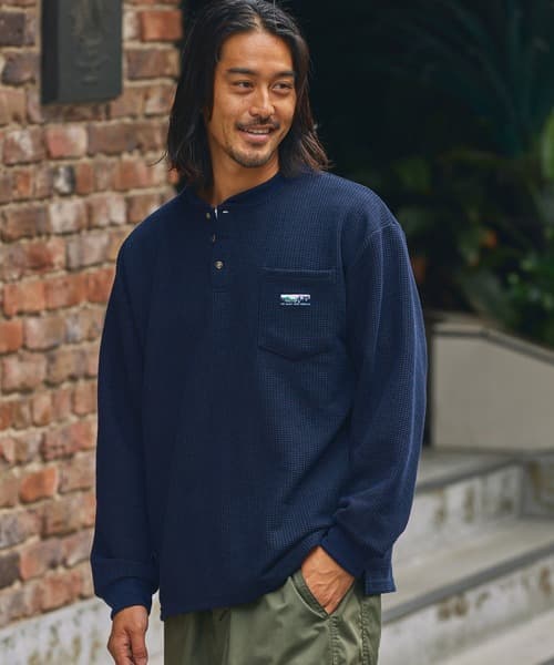 THE CRAFT CREW PRODUCTS 多功能 Logo刺繡 寬版亨利領 華夫格 長袖上衣【抗菌防臭・易護理】
